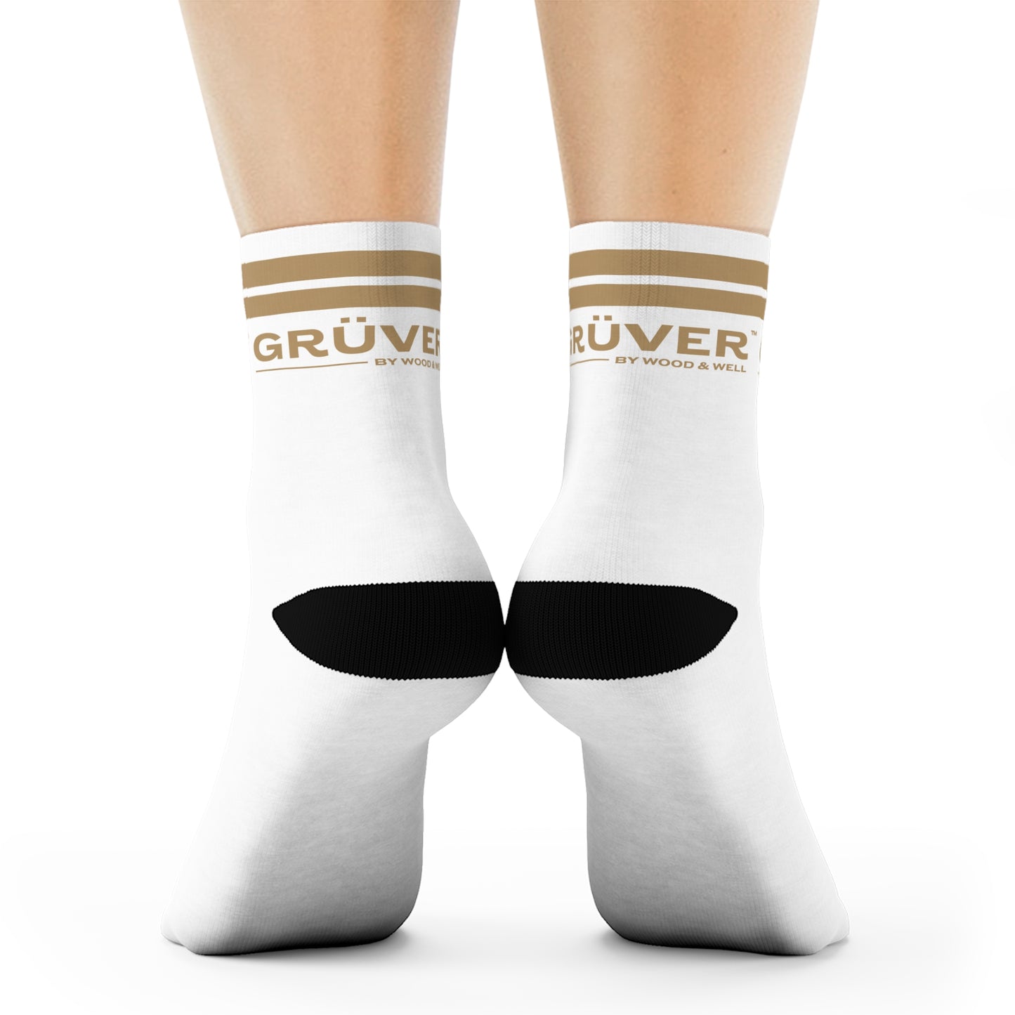 Gruver Logo Crew Socks — White Athletic Socks with Gold Stripe