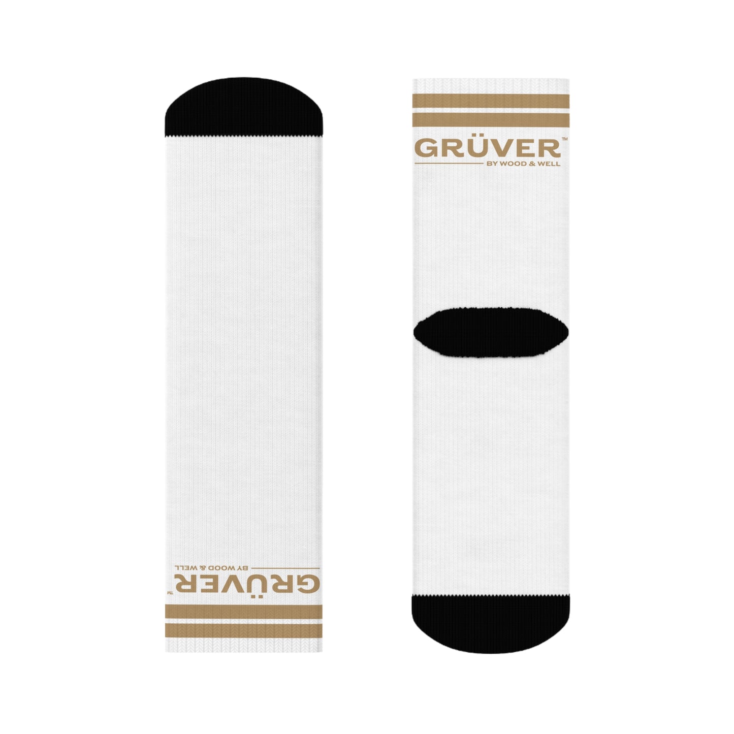 Gruver Logo Crew Socks — White Athletic Socks with Gold Stripe