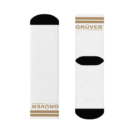 Gruver Logo Crew Socks — White Athletic Socks with Gold Stripe