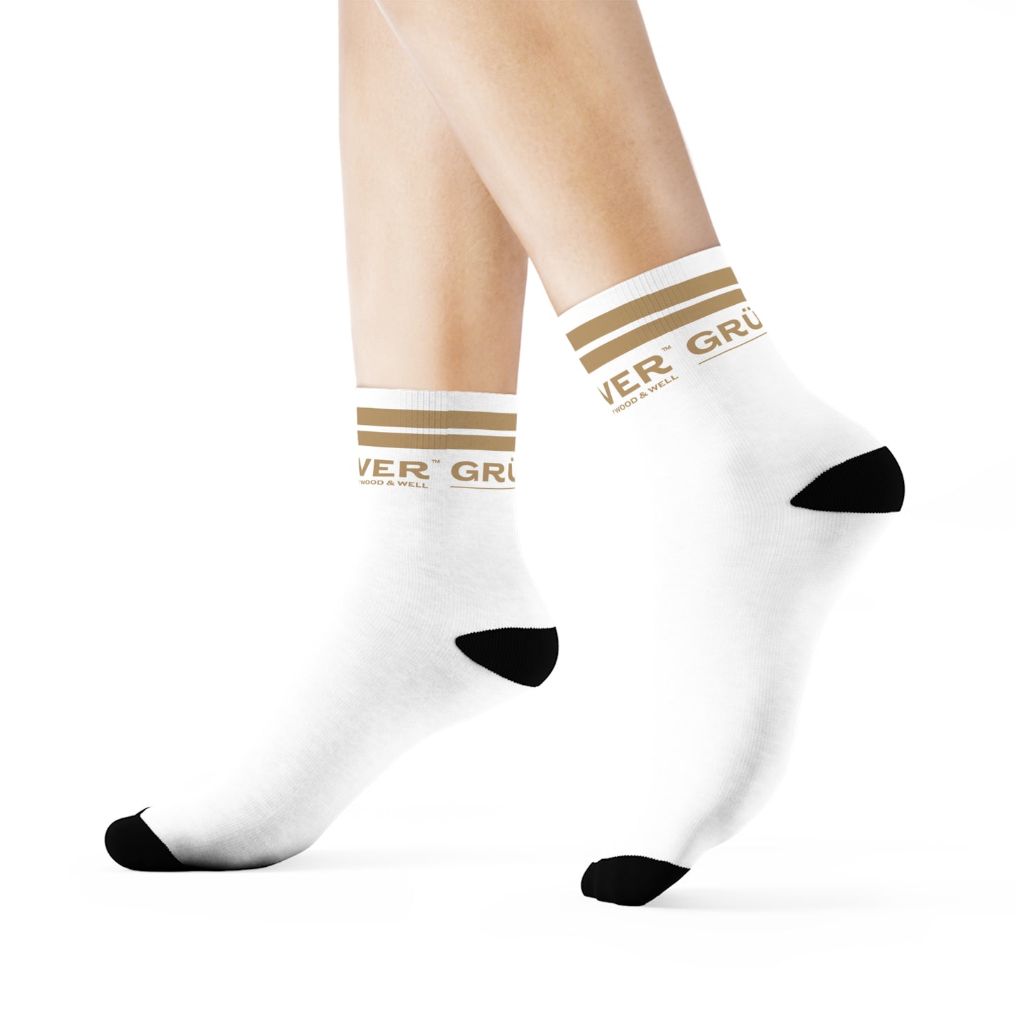 Gruver Logo Crew Socks — White Athletic Socks with Gold Stripe