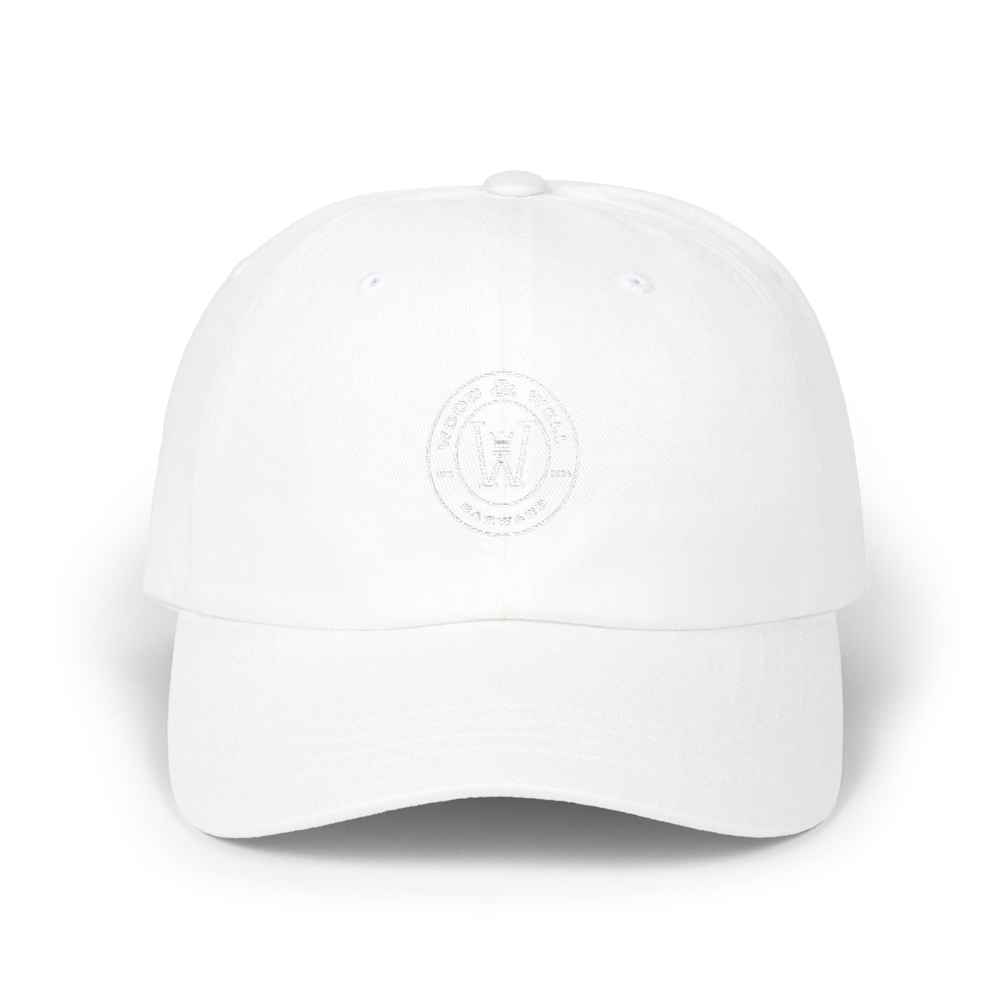 White Classic Dad Cap — Minimal Embroidered Crest Baseball Hat