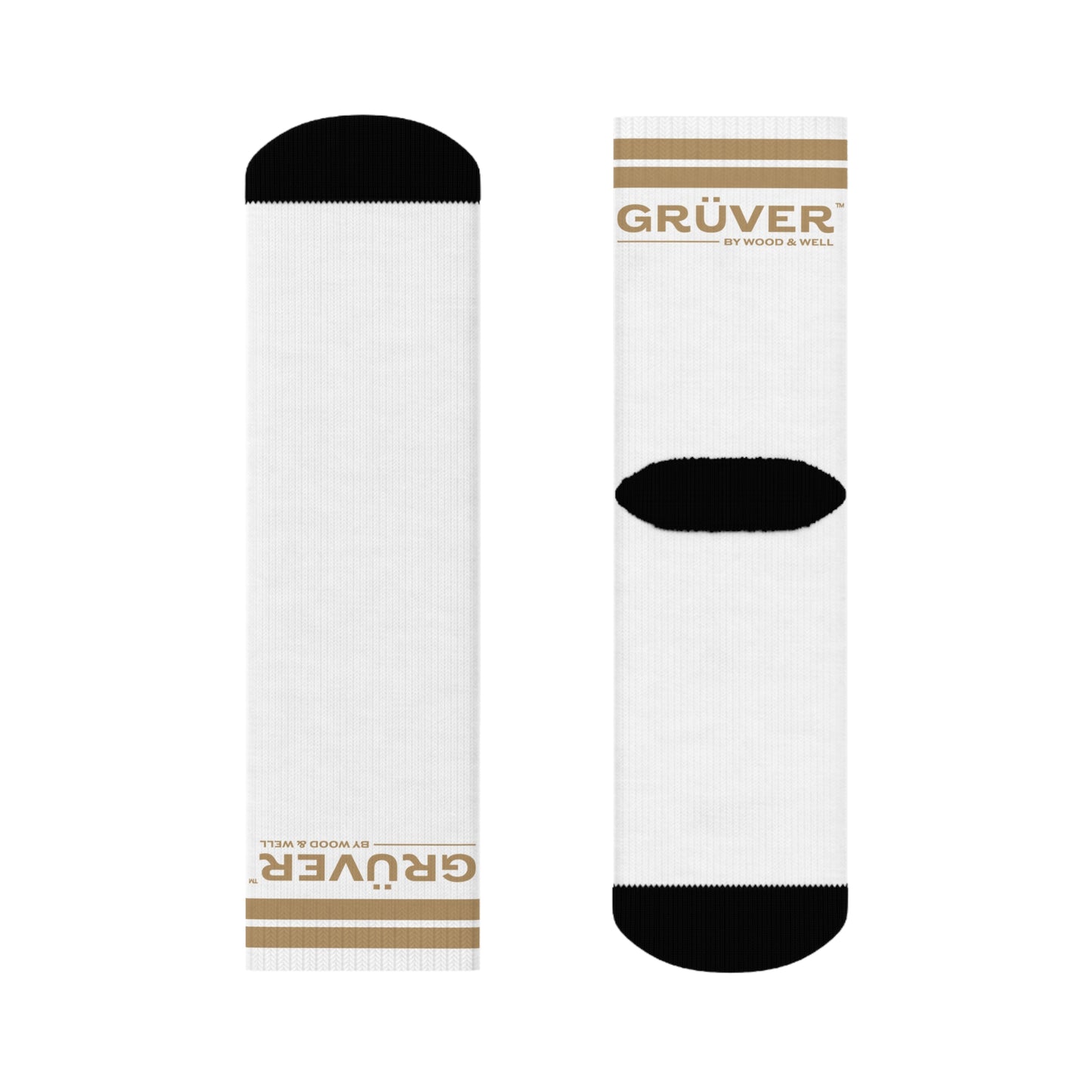 Gruver Logo Crew Socks — White Athletic Socks with Gold Stripe
